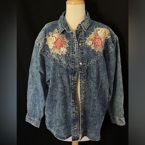 Vintage Pretty Bleu Women’s Acid Washed Blue Denim Shirt Jacket Size Large